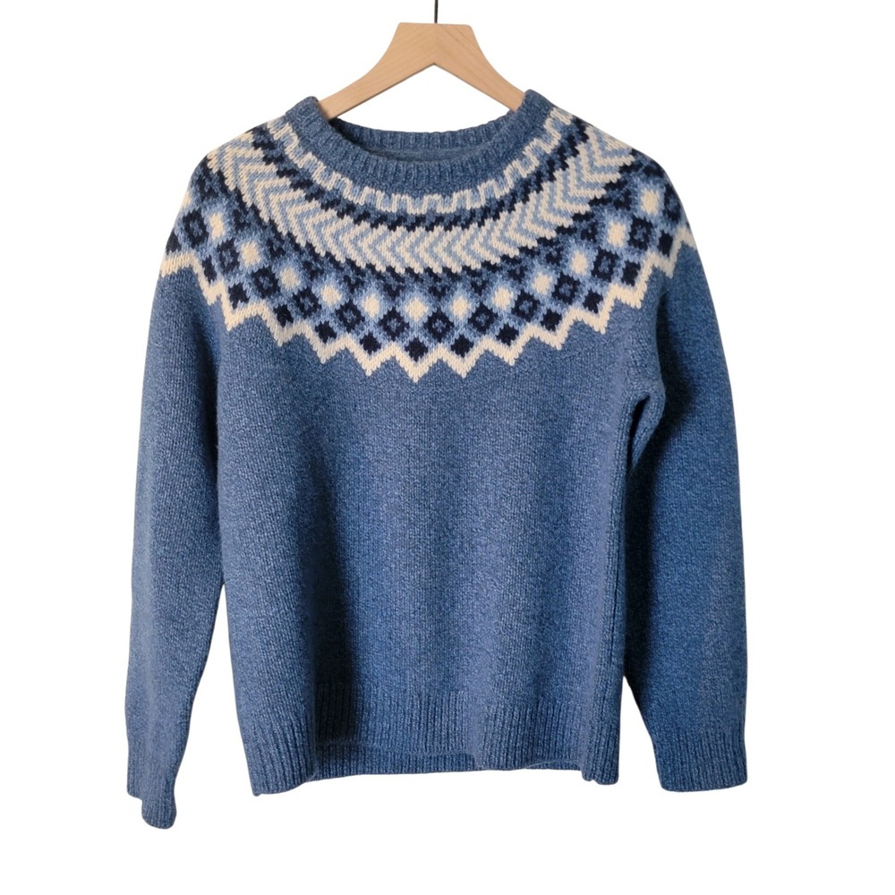 LL Bean Womens Blue 100% Lambswool Fair Isle Yoke Pullover Sweater  M